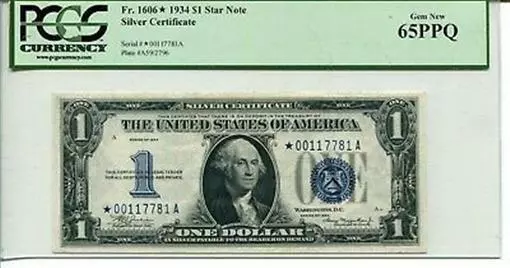 FR 1606* STAR 1934 $1 Star Silver Certificate 65 PPQ GEM NEW