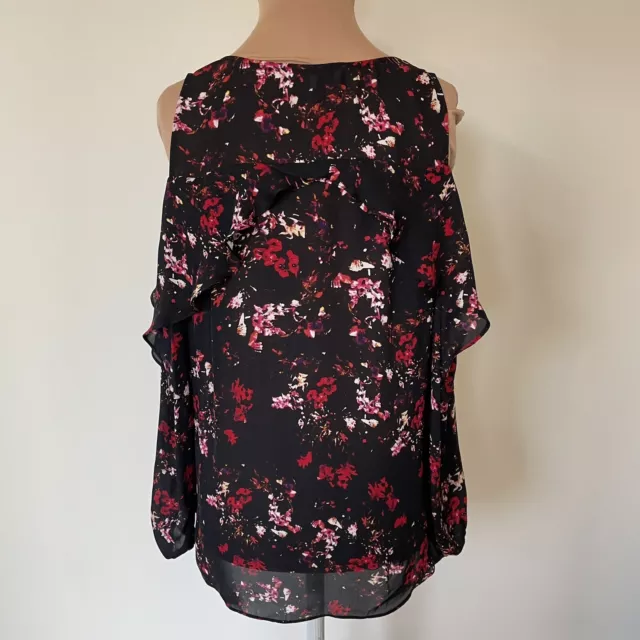 Parker Roland Canna Black Floral-Print Ruffle V-Neck Cold-Shoulder Blouse EUC XS 3