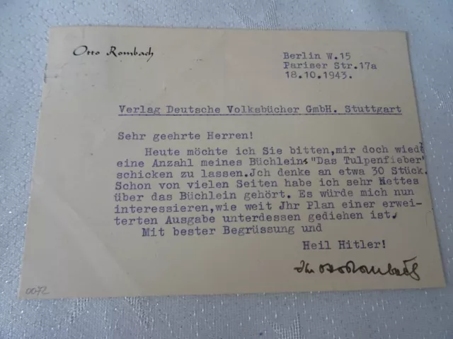 Schriftsteller Otto ROMBACH (1904-1984):  handsignierte Karte 1943