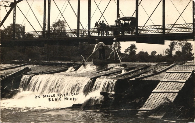 MAPLE RIVER DAM antique real photo postcard rppc ELSIE MICHIGAN MI c1910