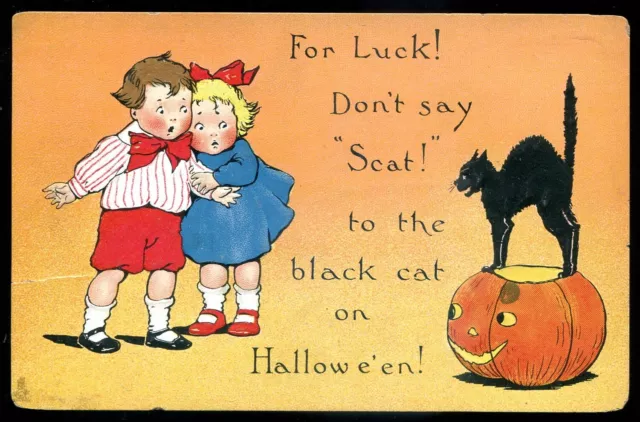 HALLOWEEN Postcard 1910s Embossed Kids Black Cat JOL by Tuck