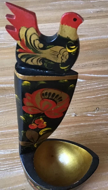 Russian Khokhloma Hand Painted Rare Ladle/Sweet Dish With Bird Top. Vintage 2