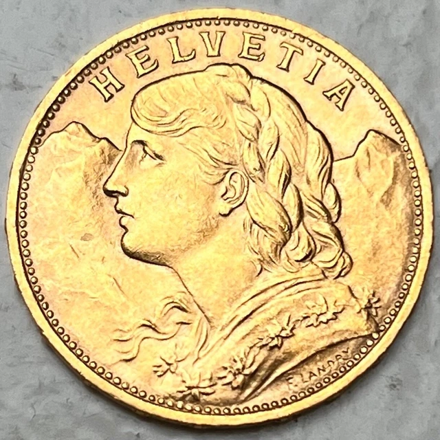 Gold Coin Switzerland 20 Francs 1922 B Bern Helvetia Swiss Original Coin KM35.1 Gold Coin Switzerland 20 Francs 1922 B Bern Helvetia Swiss Original Coin KM35.1