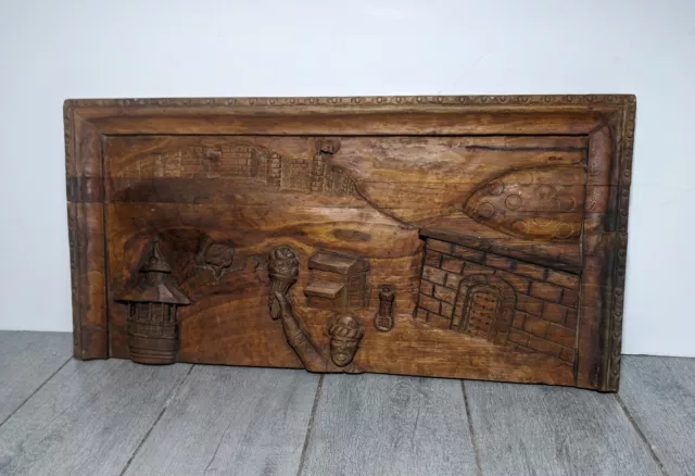 Antique Carved Oak Wood Relief Panel/Plaque Renaissance Black Forest Folk Art