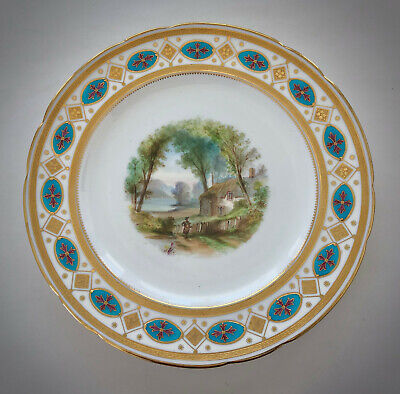 Antique Minton Plate, Scenic, Cloisonne Enamel Border A