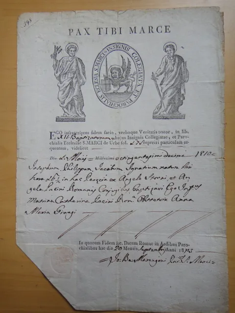1823-Certificato Di Battesimo-Roma-Parrocchia Di S.marco