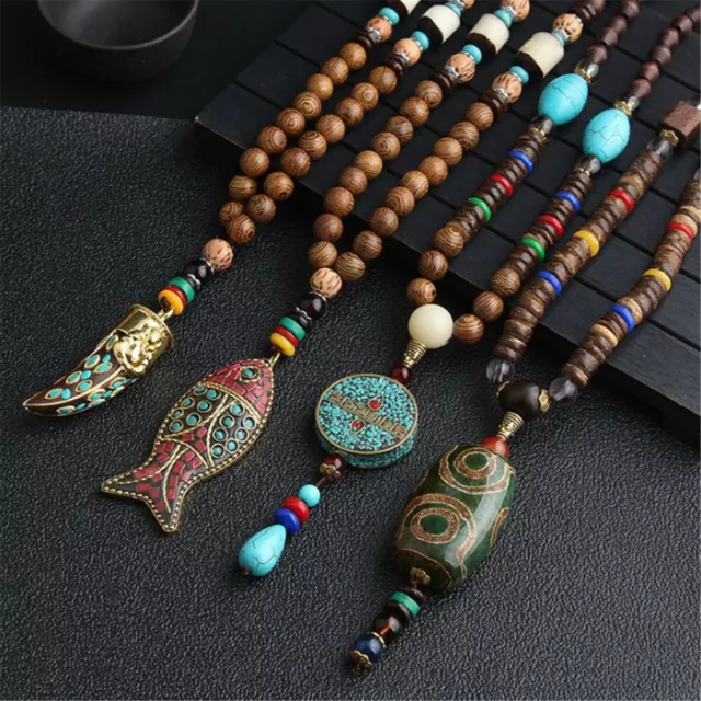 Retro Elegant Ethnic Nepali Wooden Bead Pendant Necklace Long Chain Boho Jewelry