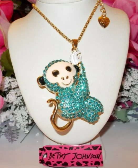 Betsey Johnson Blue Crystal And Rhinestone Monkey Pendant Chain Necklace
