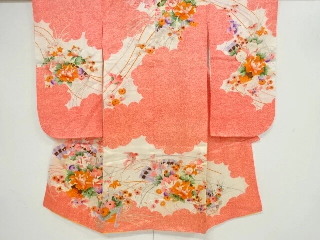 45897# JAPANESE KIMONO / ANTIQUE KIMONO FOR GIRLS / EMBROIDERY / FLORAL CART &am