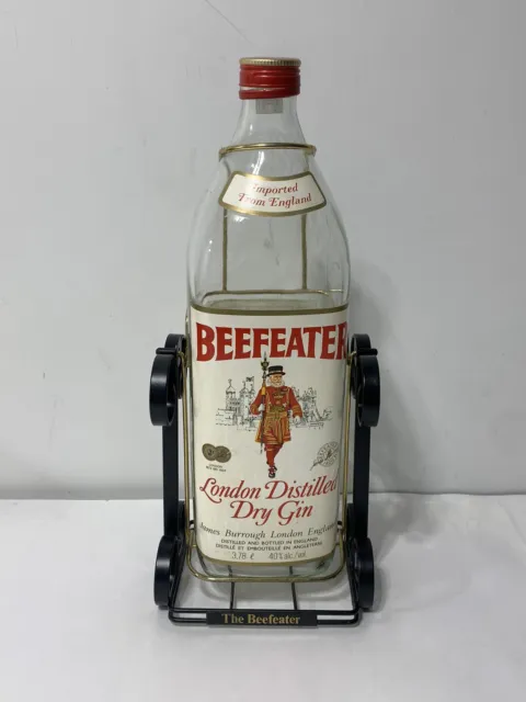 VINTAGE - 1 Gallon Beefeater Dry Gin Bottle on Swing Tilt and Pour Metal Stand