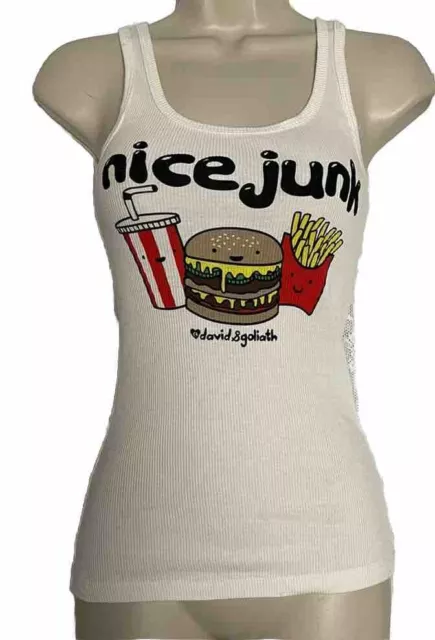 David + Goliath Junk Food Tank Top White Burger Fries Pattern Women’s XS