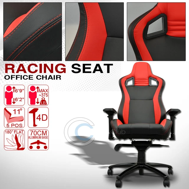 MU Racing Style PVC Leather Bucket Reclinable Seat Chair Black/Red Stitches Cl27