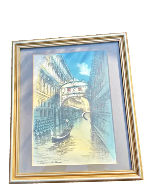 Pastel and Charcoal Original Signed Artwork. Venetian Canals. Vintage..