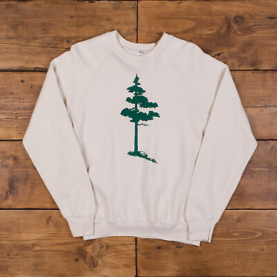 Vintage Graphic Tree Sweatshirt S 90s Raglan Beige Roundneck Pullover Jumper