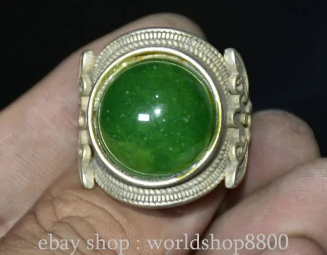 1.2" Old Chinese Silver Inlay Green Jade Gem Dynasty Palace Flower Ring