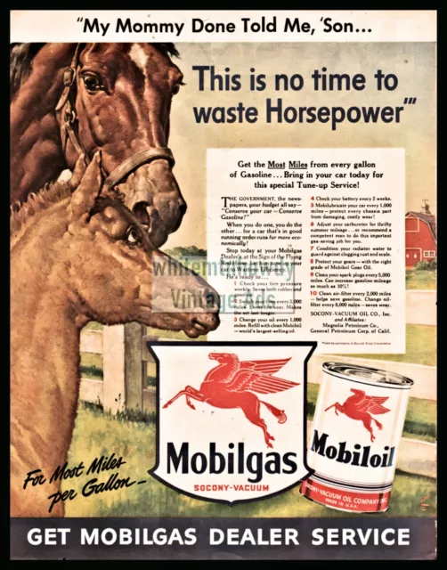 1942 WWII MARE and FOAL Mobil  Mobilgas Mobiloil Vintage Horse Art Gasoline AD
