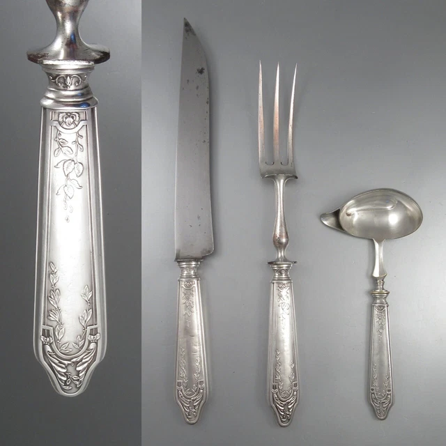 Antique French Sterling Silver Clad Carving Set with Gravy or Sauce Ladle, Paris