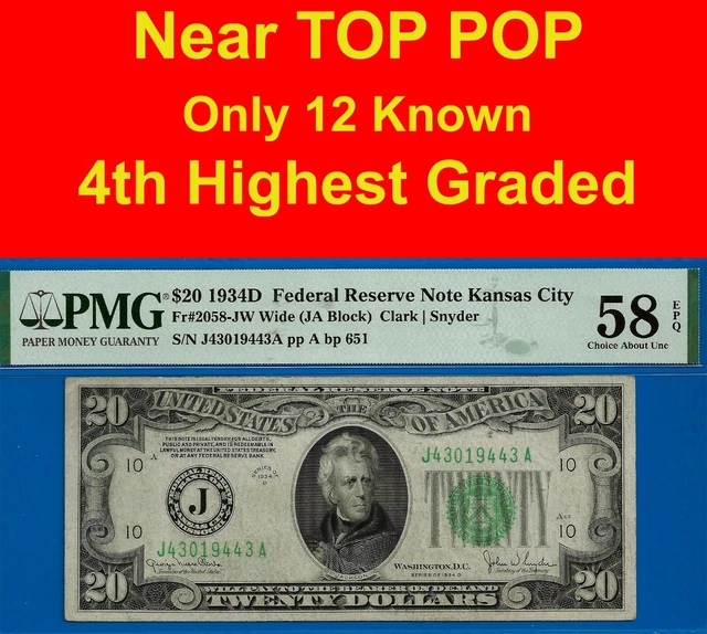 Near TOP POP ✅ 1934-D $20 FRN➡️ 4th Finest 🔴Kansa City WIDE⬅️ PMG 63EPQ # 19443