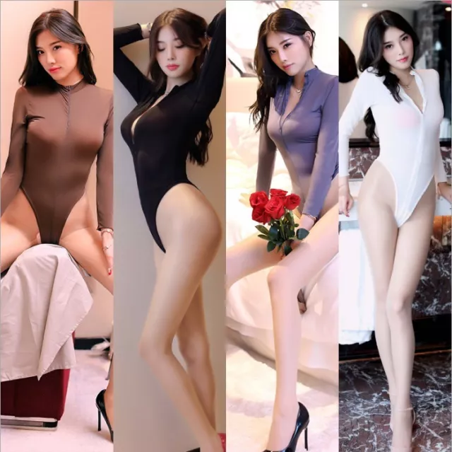 Sexy Lingerie Soft Elastic Bodysuit Women Open Crotch Long Sleeve