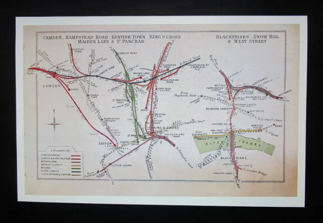 LONDON REPRODUCTION  13.9" x 9.0" EARLY ANTIQUE  1880 MAP OF LONDONS UNDERGROUND