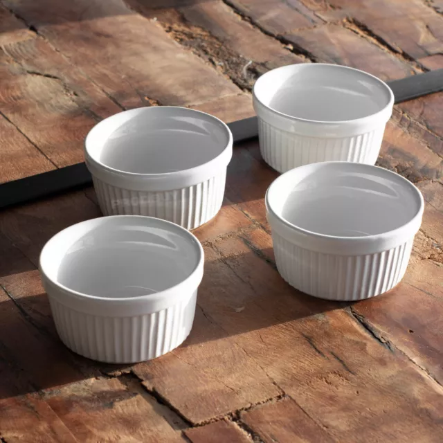 Set of 4 White Ceramic Oven Ramekins Small Soufflé Dessert Baking Dip Dish Bowls