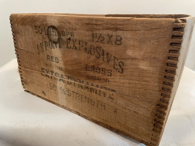Vintage Dupont EXPLOSIVES Dynamite Crate 50% Strength Red Cross Wood Dovetailed