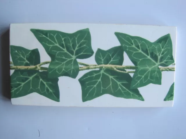 Antique 6" X 3"  Border / Spacer Tile  - Green Ivy Leaves Print - Minton Hollins