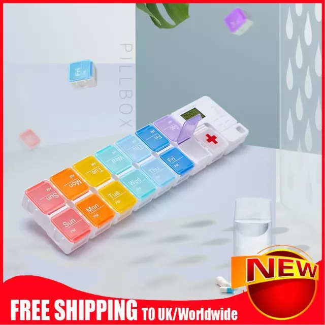 7 Days Medicine Box Timer Reminder 14 Grids Weekly Pill Case Clock (Color)