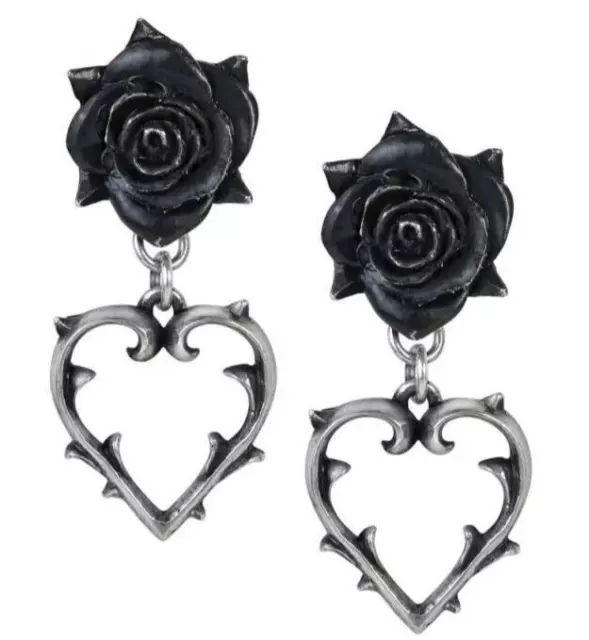 Wounded Love Earrings, Gothic Black Roses, Flowers Thorns Heart, Alchemy England