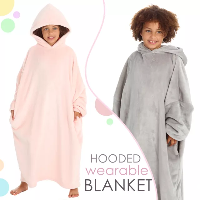 Kids Girls Wearable Hooded Blanket Poncho Long Side Pockets Giant Oversized Cosy