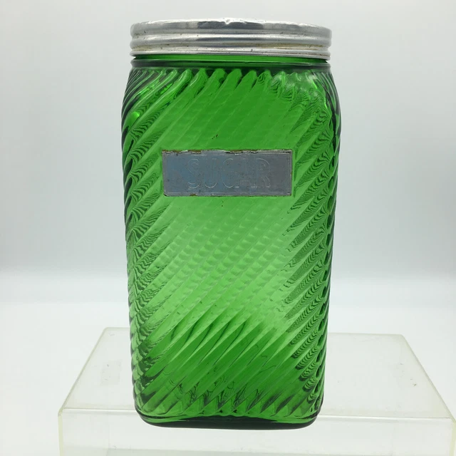 Owens Illinois Green Glass Hoosier Cabinet Sugar Jar Canister Lid Diagonal Rib
