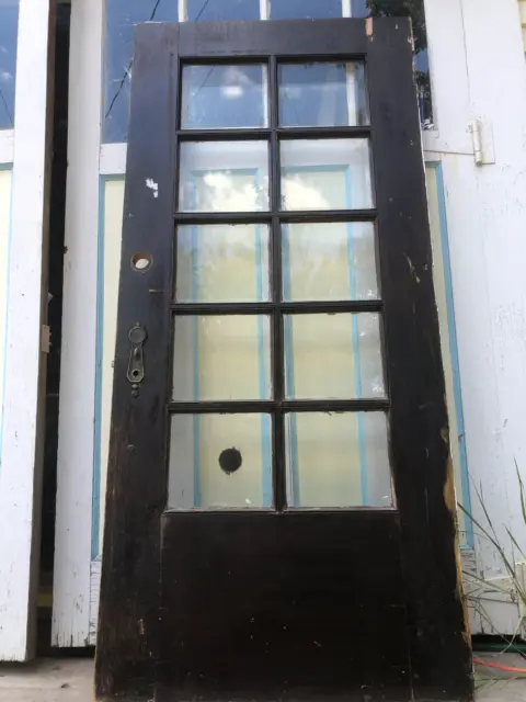 36x78” Antique 10-Pane Beveled Glass Exterior Door w/ Original Brass Thumb Latch