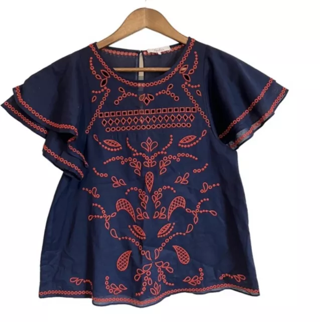 Parker Mara Embroidered Flutter Short Sleeve Top Size XS Blue Red