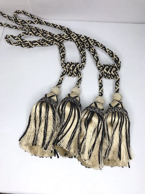 Black and Gold Large Tassel Drapery Tiebacks Set of 2 Braided Cord Curtain