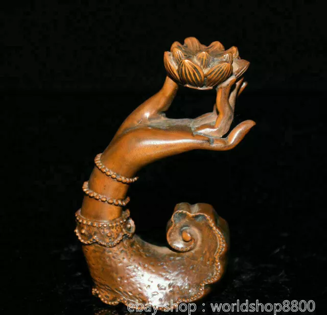 4.6" Old China Boxwood Hand-carved Feng Shui Guan Yin Hand Lotus Sculpture