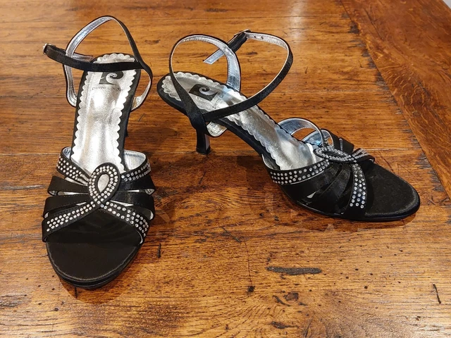 Pierre Cardin Size 39 UK 6 Black Satin & Diamante Strappy Sandals Mid Slim Heel