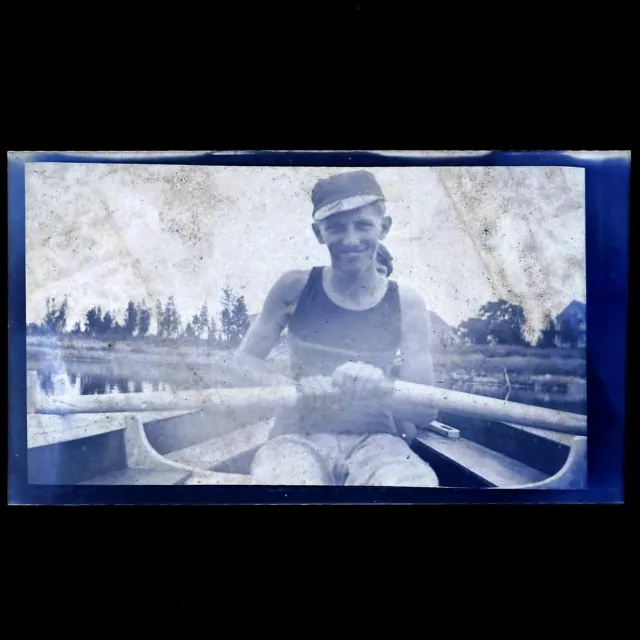 Vintage Negative Photo Young Man Rowing Boat Canoe C1930 Cute Boy Everett Mass