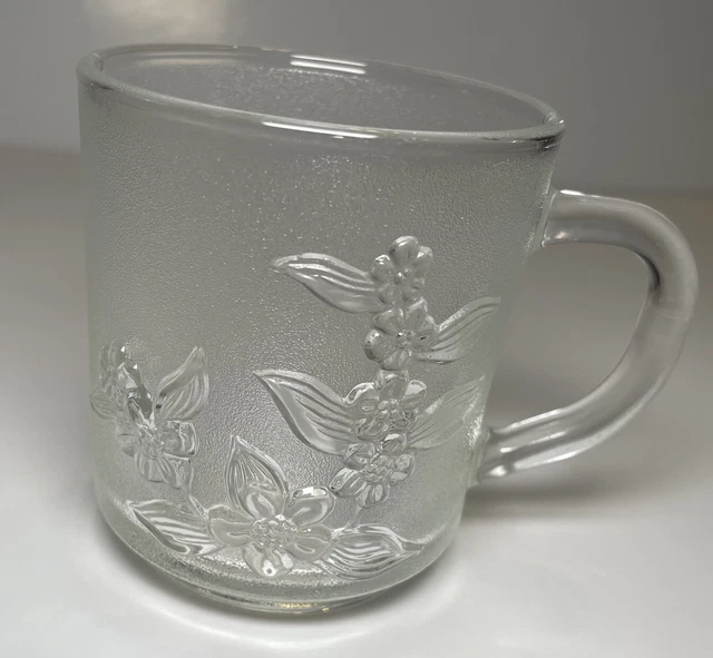 Frosted Flower Etched Glass Cup with Handle