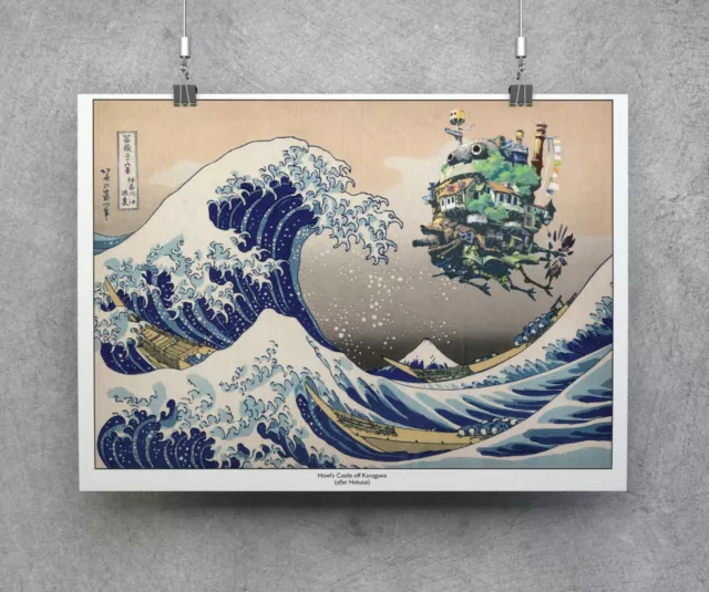 Howl's Moving Castle & Great Wave Print, Poster, Studio Ghibli Gift, Ghibli Fan