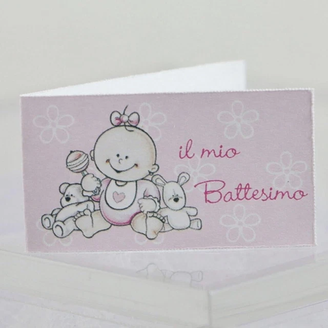 20 PZ Bigliettini bomboniera BATTESIMO BAMBINA rosa CON FIOCCO 03M6