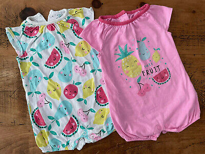 Baby Girl 0-3 months Set of 2 Primark Bright Short Rompers Fruit Pink White