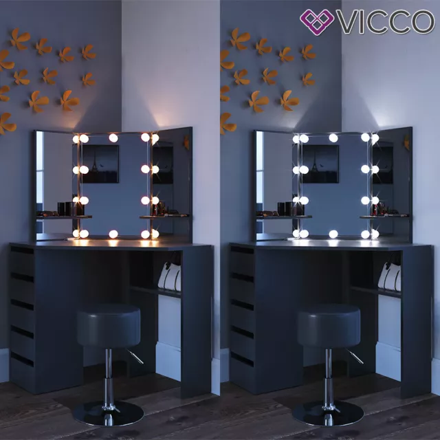 Vicco Coiffeuse d’angle Arielle table de maquillage LED noir + tabouret