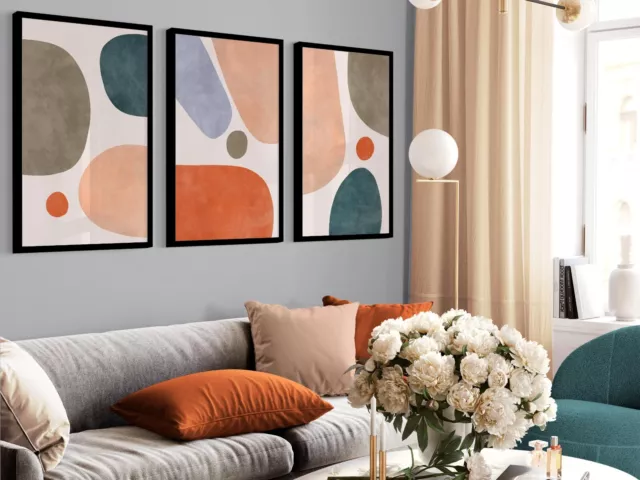 Mid Century Modern Abstract Shapes Rich Colours Set of 3 Wall Art Pictures