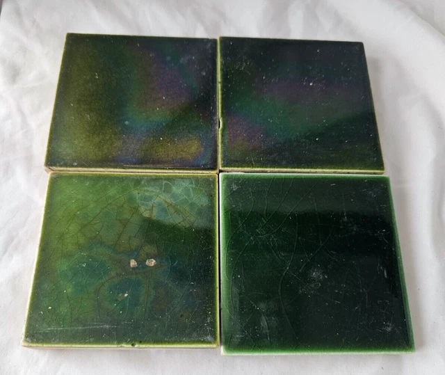 A Group Of Four 3 X 3 Inch Green Antique Tiles.