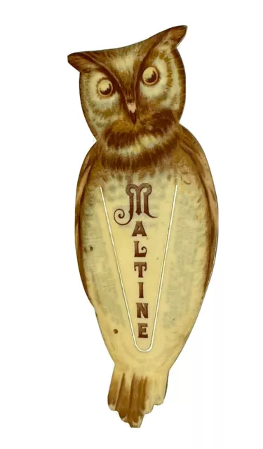 Antique c1905 USA Celluloid Cut Out Owl Maltine Medication Advertising Bookmark