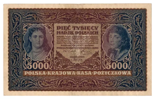 POLAND banknote 5000 Marek 1920 XF+ Choice Extremely Fine