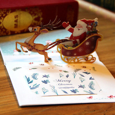 Biglietto auguri buon 3D pop up kirigami BABBO Natale REGALI merry Xmas + busta