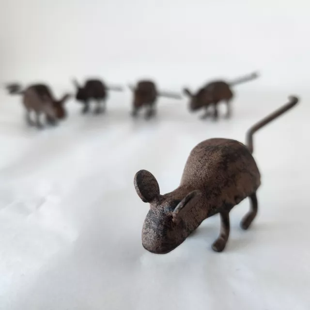 Metal Mouse Scultures Small Rustic Cast Iron Figurines Mice Decor SET OF FIVE