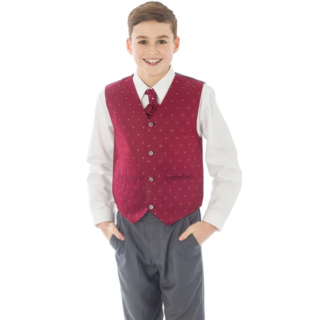 Boys Suit 4 Piece Grey Waistcoat Suit Wine Dobby Pageboy Formal Wedding