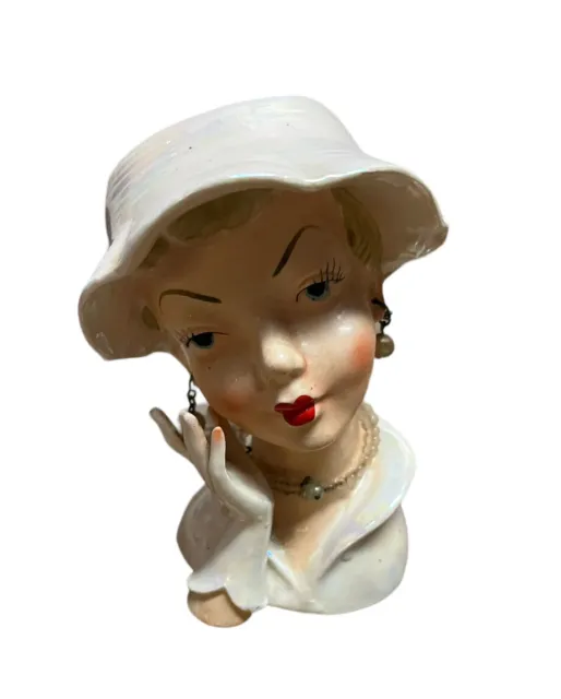 Vintage Victoria Ceramics Lady Head vase Hat Pearls Earrings with Label 5” Tall